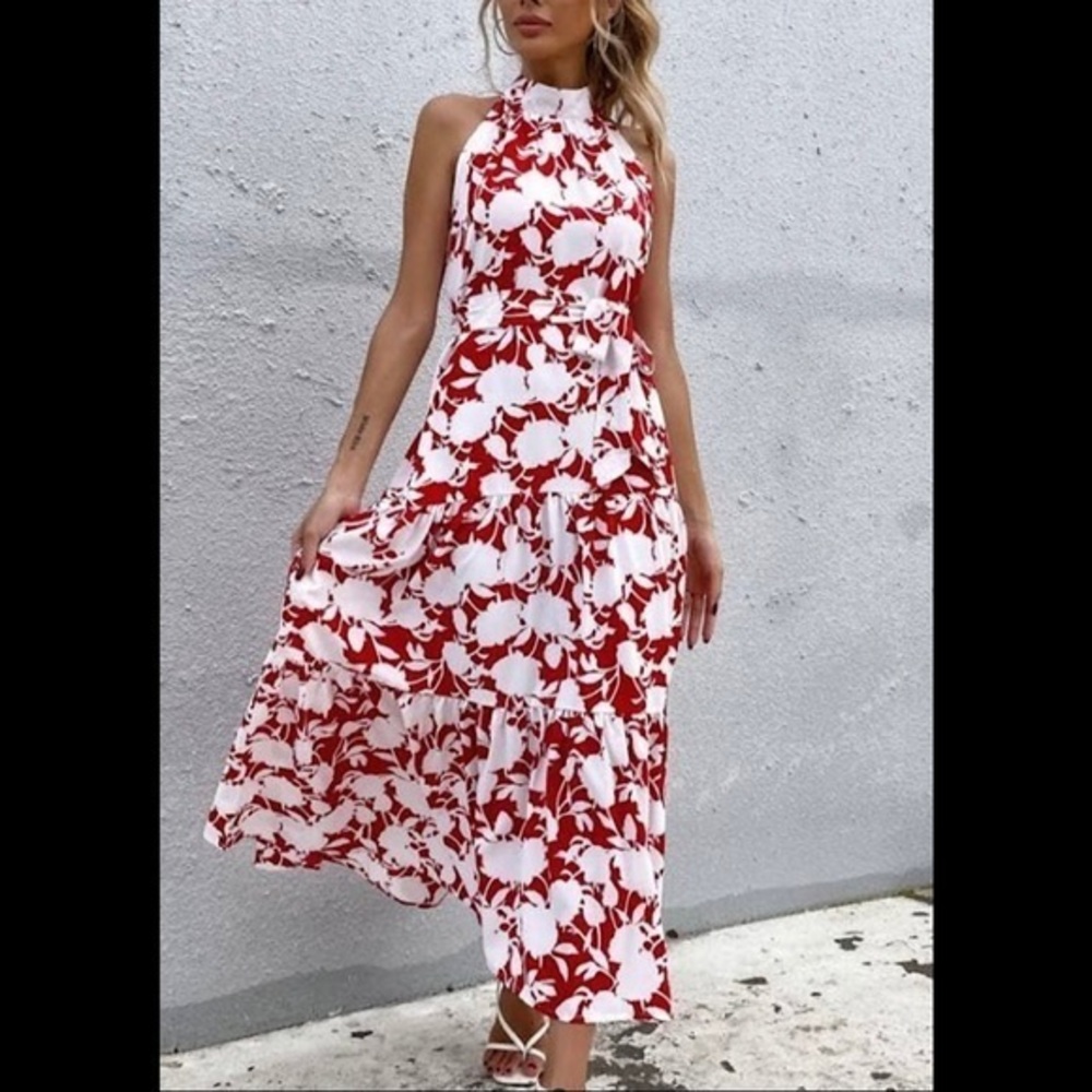 HALTER NECK RED FLORAL PRINT DRESS